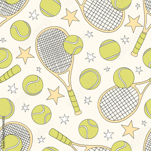 Retro Tennis equipment Game Day vector seamless pattern. Boyish Sports Sporty Boy background.