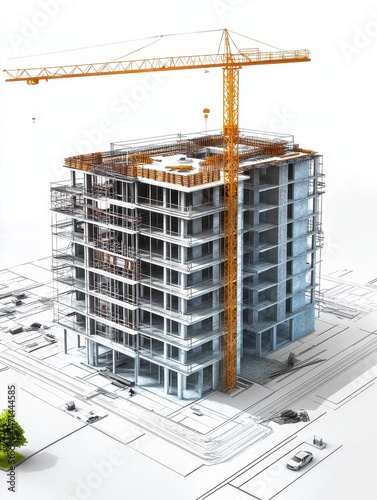 Architectural rendering of high rise building under construction with crane on blueprint background aerial view