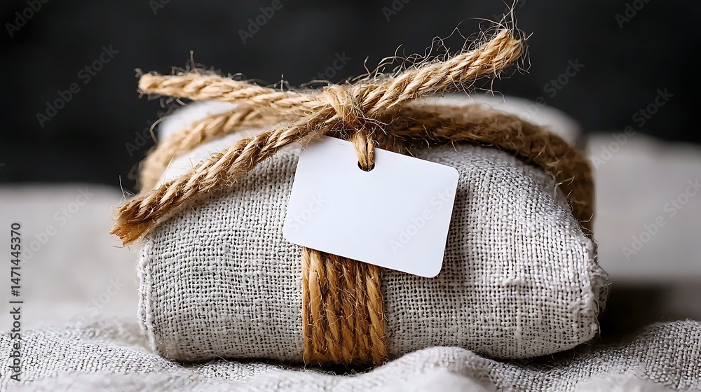 Fototapeta premium Wrapped Gift in Beige Linen Fabric with Blank Tag