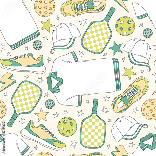 Retro Pickleball team equipment Game Day vector seamless pattern. Boyish Sports Sporty Boy background.