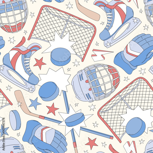 Retro Ice Hockey team equipment Game Day vector seamless pattern. Boyish Sports Sporty Boy background.