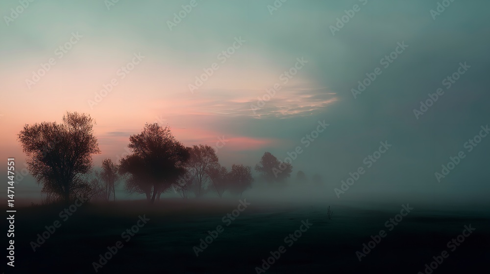 Fototapeta premium Misty Dawn Landscape Serene Trees in Fog Peaceful Sunrise Scenery Nature Photography