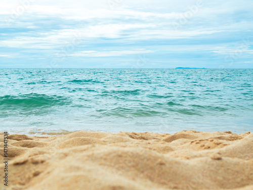 Summer background sea blue with cloud sky, coast island scene mockup water nature travel vacation holidays tropical, mockup ocean ecosystem energy change environment, backdrop product cosmetic.