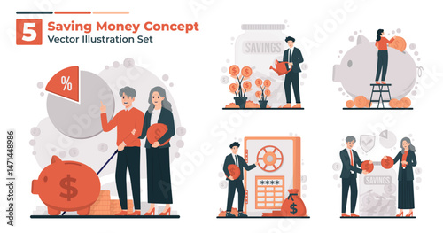 Saving money concept illustration set featuring retirement planning, banking, and financial growth elements