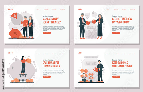 Landing page template Saving money concept illustration set featuring retirement planning, banking, and financial growth elements