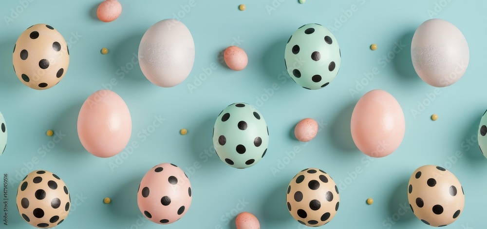 Colorful pastel Easter eggs with playful polka dots on a vibrant blue background, flat lay banner featuring copy space, perfect for Easter card designs, spring celebrations, and festive decorations. Colorful pastel Easter eggs with playful polka dots on a vibrant blue background, flat lay banner featuring copy space, perfect for Easter card designs, spring celebrations, and festive decorations.