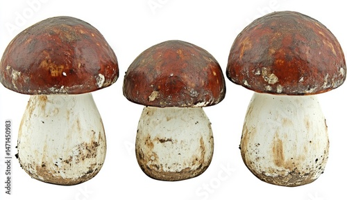 Three decorative mushrooms,?brown caps,?off-white stems,?realistic detail,?naturalistic