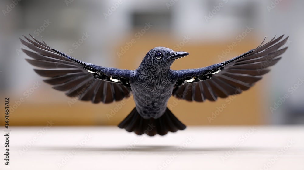 Fototapeta premium Iridescent Starling in Mid-Flight Showcasing Spread Wings Against Blurred Background
