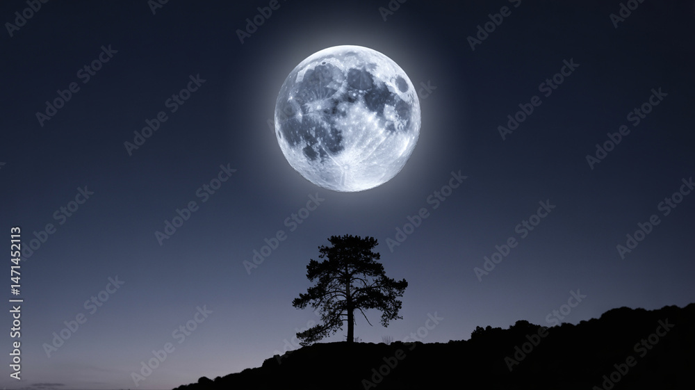 Naklejka premium Full moon illuminating a solitary tree on a rocky hillside at night