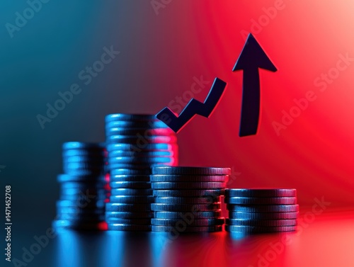 Stacks of coins with an upward trend graphic, highlighting financial growth.  A vibrant gradient of red and blue illuminates the stacks, emphasizing the upward movement