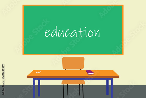 Education Classroom with Chalkboard, Desk, and Book Board Vector Design

