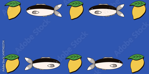 Italian dolce vita Frame with empty space for text. Vector illustration Frame with doodle lemons and sardines. Amalfi border. Bon apettit. EPS 10