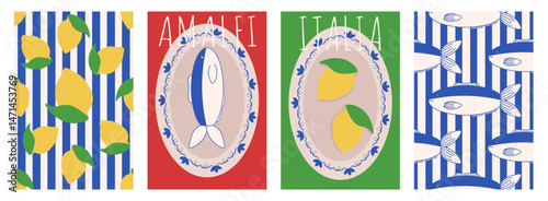 Summer. Italy. Amalfi poster cover template design. Vector illustration of sardines lemons on the plate and italian seamless Trellis set. Bon appetit. EPS 10