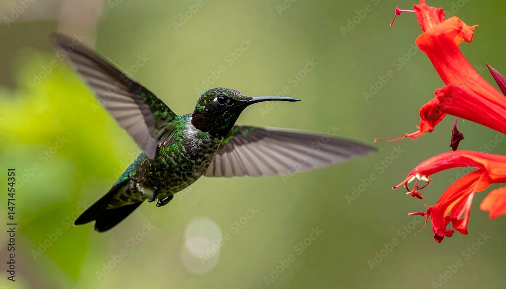 Fototapeta premium Green Hummingbird Hovering Near Red Flower