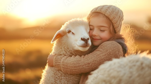 Child smiling, embracing a fluffy sheep, sunlit farm background, warmth of connection and joy in nature, perfect for heartwarming themes.