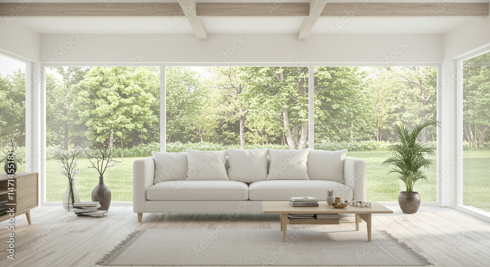 Fototapeta premium Bright living room with a large white sofa and windows. 