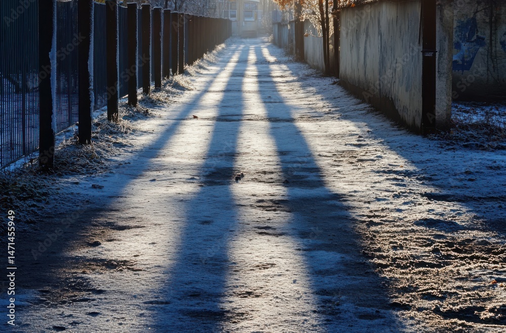 Fototapeta premium Long shadows on a frosty path during late autumn