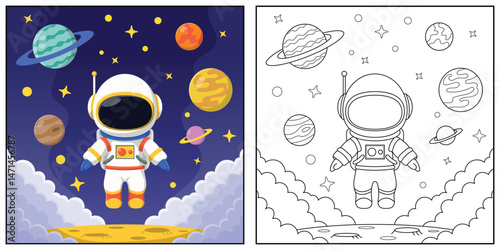 Astronaut in space. Black and white vector illustration for coloring book.
