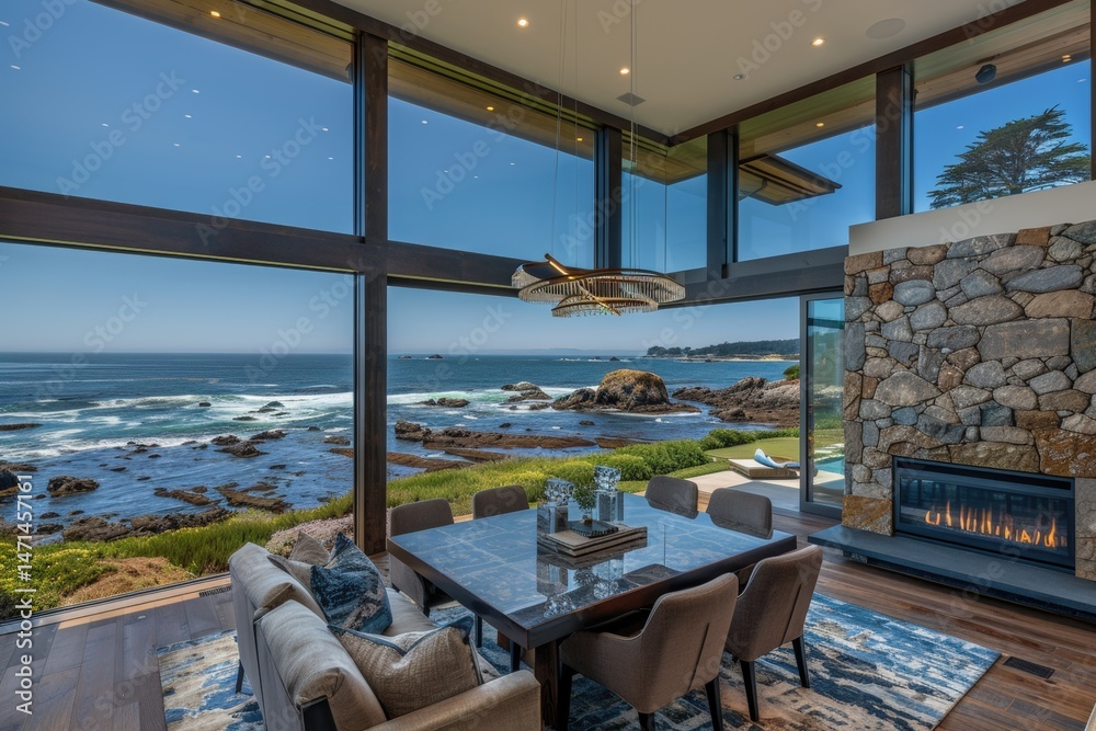 Fototapeta premium Modern dining area with ocean views and large windows.