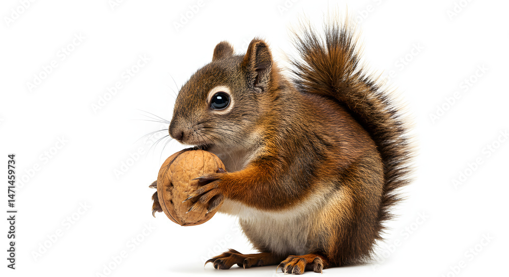 Fototapeta premium Adorable Red Squirrel Enjoying a Walnut on White Background