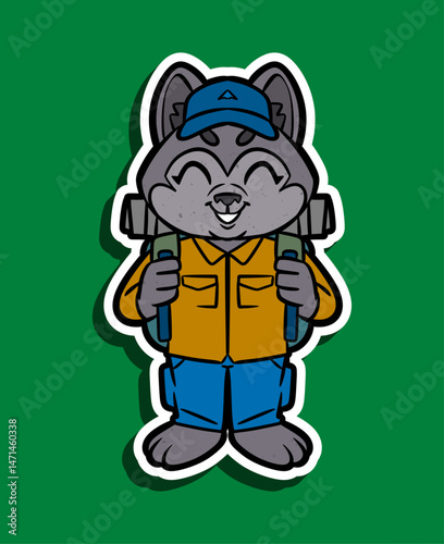 Cartoon wolf adventurer with backpack