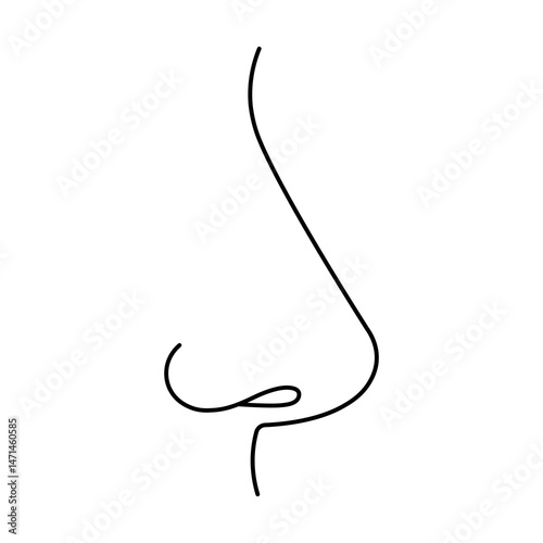 Nose one line drawing. Breathing concept, respiratory sense organ. Sketch of human face part. Vector illustration