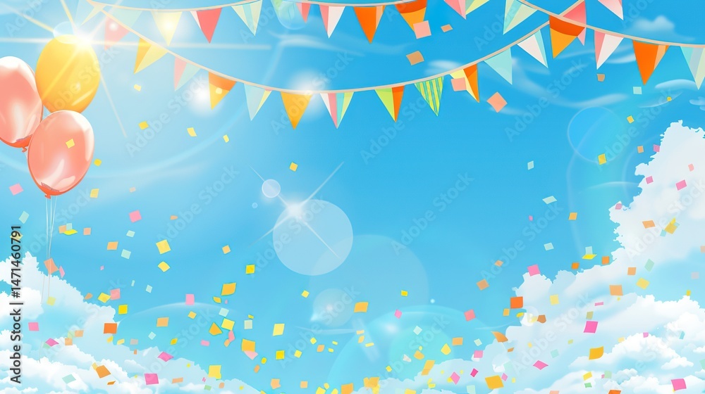 Naklejka premium Flag Day Sky Background: Red Flags Soar in the Firmament, Spreading a Grand Poem of the Interweaving of Vast Skies and Fluttering Flags