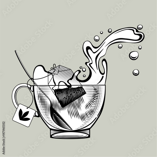 Standing glass cup with tea bag, teaspoon and splashing liquid. Vector illustration in black and white vintage engraving style