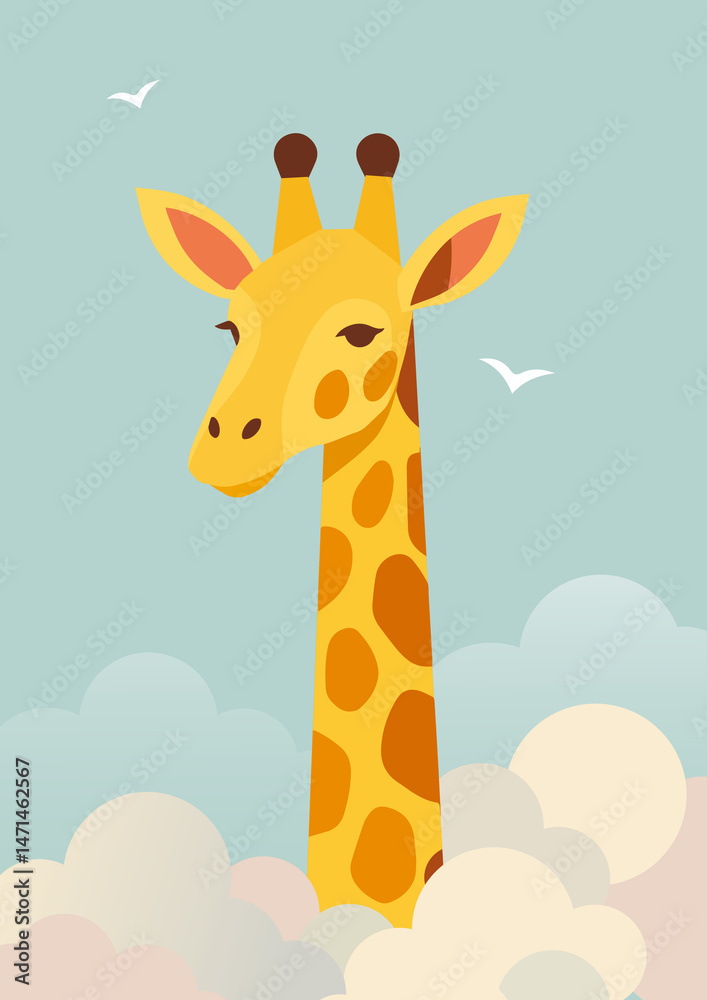 Obraz premium Illustration einer freundlichen Giraffe im minimalistischen Stil, mit langem Hals, der durch helle Wolken ragt, vor hellblauem Himmel mit Möwen – stilvoll, verspielt und reduziert gestaltet.