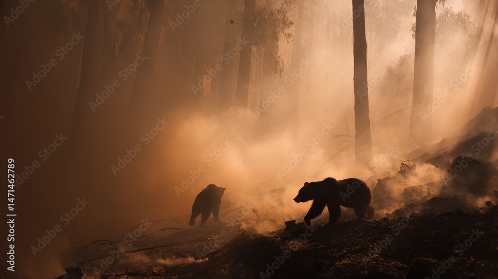Fototapeta premium Wildlife desperately fleeing through thick smoke and flames, highlighting the tragic ecological disaster caused by forest fires.