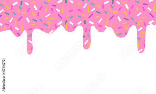 Doughnut glaze background. Pink ice cream melted with colorful cute candy sprinkles long border, banner seamless pattern,