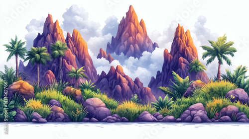Tropical mountain landscape illustration
