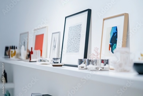 Clean minimal white shelf with AI-inspired framed art and chromed decor lit by overhead softbox