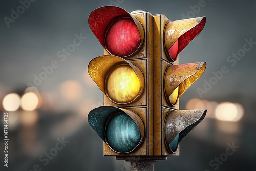 Vertical traffic light displaying all colors illuminated against a blurred urban background during evening hours photo