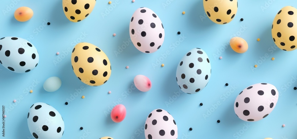 Easter card design with pastel-colored eggs and polka dots on solid blue background, flat lay banner perfect for spring holidays, festive greeting cards, and seasonal decoration. Easter card design with pastel-colored eggs and polka dots on solid blue background, flat lay banner perfect for spring holidays, festive greeting cards, and seasonal decoration.