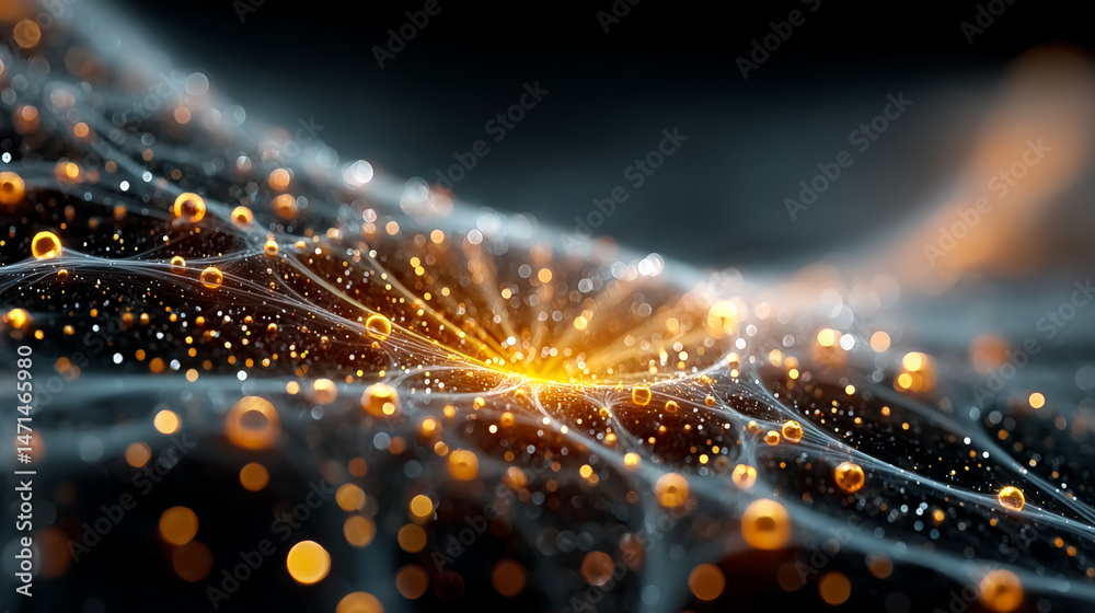 Obraz premium A photorealistic visual exploration of emergent complexity, this image showcases glowing streams forming intricate patterns that metaphorically represent cooperation and altruism. Generative AI