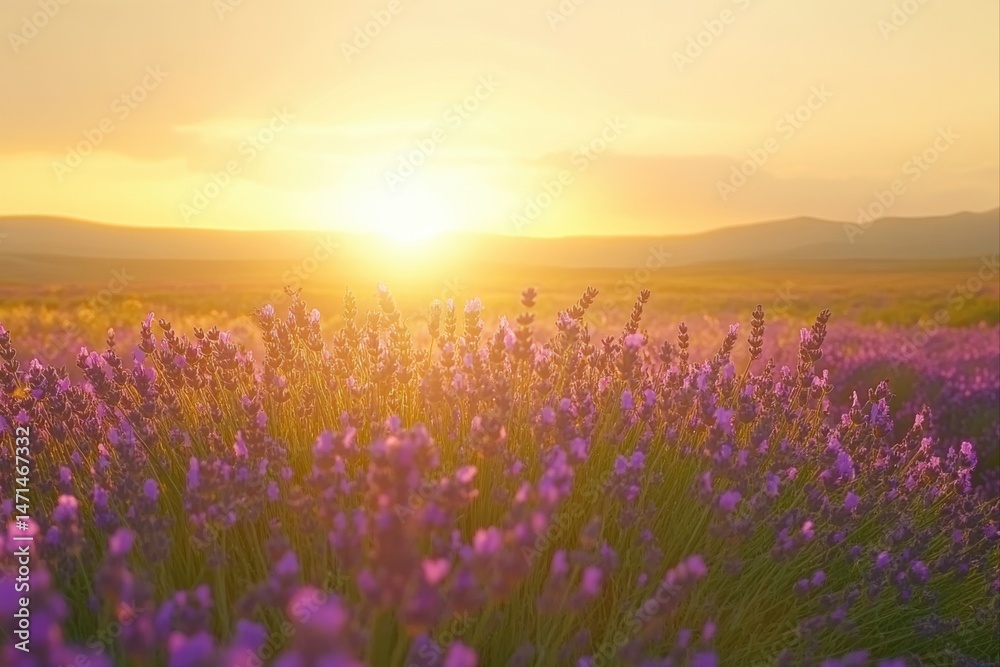 Obraz premium Lavender field at sunset with mountains in the distance for aromatherapy, meditation, and natural beauty product promotions.