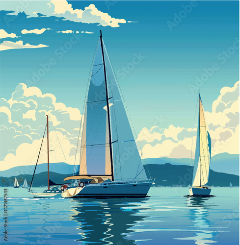travel, illustration, nautical, boat, vector, vacation, sea, ocean, drawing, yacht, summer, sailboat, wave, marine, holiday, sail, water, landscape, seascape, design, yachting, tourism, ship, nature, 