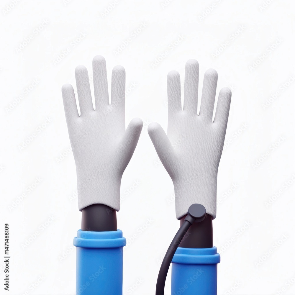 Obraz premium Two gloved hands are raised with a blood pressure cuff attached, symbolizing medical examination on a white background.