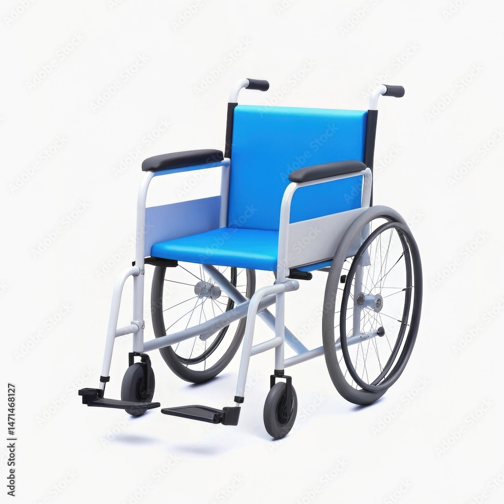 Fototapeta premium A modern blue and silver wheelchair with large rear wheels and smaller front wheels on a plain white background.