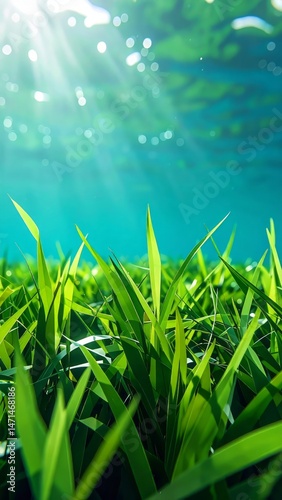 Serene underwater view of vibrant green grass blades illuminated by sunlight creating a tranquil nature scene