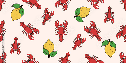 Italy. Dolce vita lobster and lemon seamless Trellis. Vector illustration of flat lobster seamless background. Lobster wrapping paper for gourmet food market. Italian bon apettit wrap. EPS 10