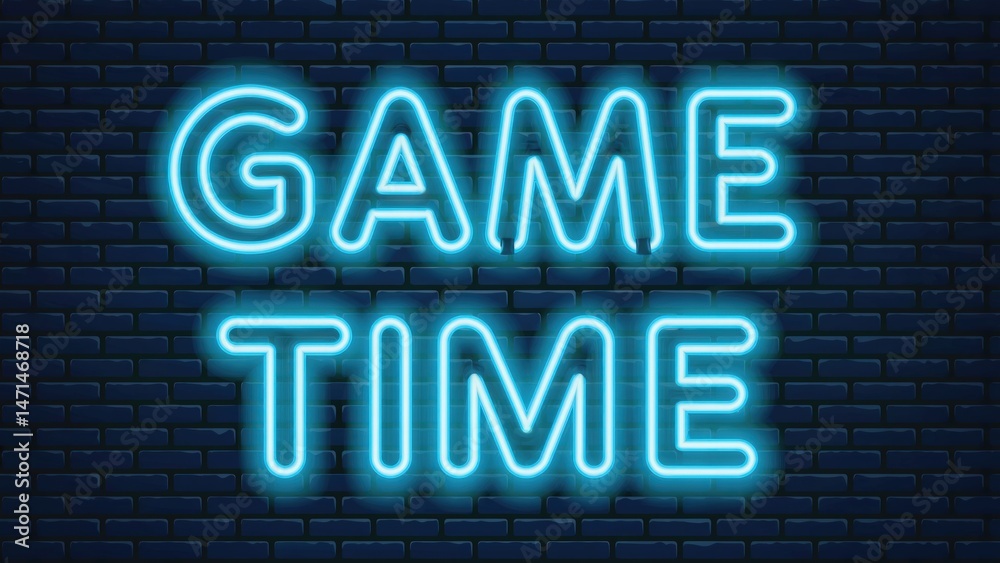 Obraz premium Neon sign with the words GAME TIME on a dark brick wall