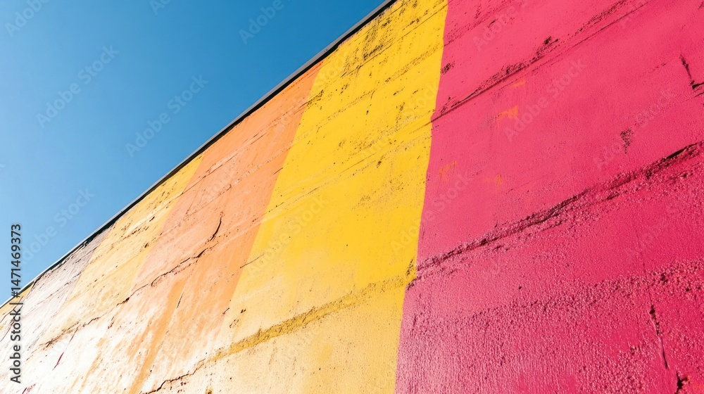 Naklejka premium Vibrant Colorful Abstract Wall with Bright Shades of Orange, Yellow, and Pink Under Clear Blue Sky