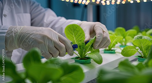 Hands tending hydroponic lettuce plants in a controlled environment.  Scientists are meticulously harvesting fresh produce