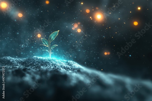 A small glowing plant sprouts from soil amid a dreamy, cosmic background filled with sparkling lights.