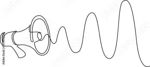 Continuous one line Megaphone announce symbol of marketing promotion in simple linear style. Business concept for attention and job offer. Public horn speaker Doodle vector illustration.