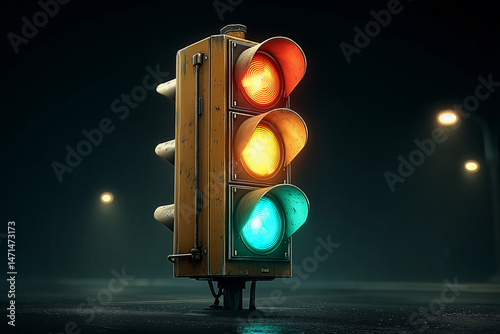 Traffic light with glowing red, yellow, and green signals illuminating an urban street at night, guiding vehicles and pedestrians along busy roads