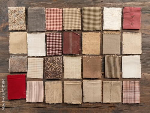 A collection of various fabric swatches in different patterns and colors neatly arranged on a wooden surface.