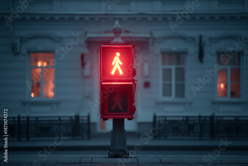 Traffic signal featuring a red standing figure indicating pedestrians should wait at a busy urban intersection during twilight hours photo